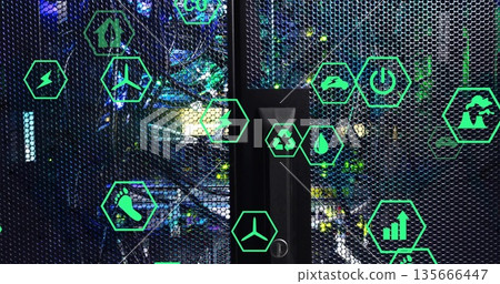 Displaying server rack mesh door revealing networking cables in data center, with green eco icons Displaying server rack mesh door revealing networking cables in data center, with green eco icons 135666447
