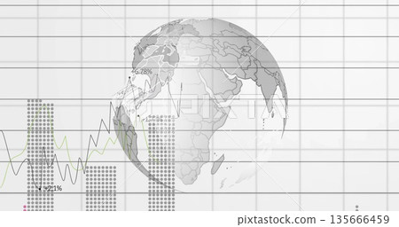 Displaying translucent globe over grid, showing black and green lines, dot-matrix bars, +6 Displaying translucent globe over grid, showing black and green lines, dot-matrix bars, +6 135666459
