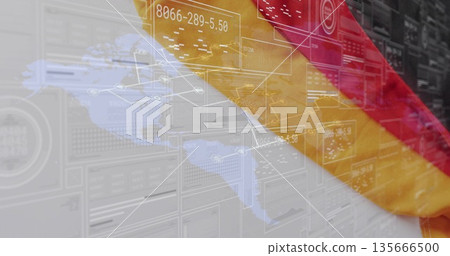 German flag draping diagonally over holographic map in data center, with server racks, data panels 135666500