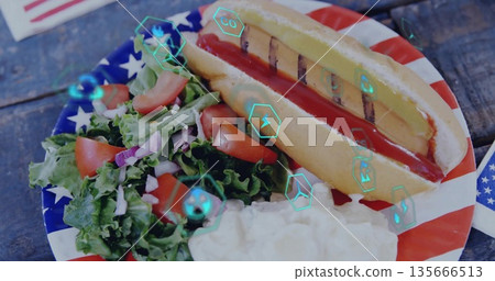Featuring patriotic plate holding hot dog with sauces, potato salad on wood table, energy icons Featuring patriotic plate holding hot dog with sauces, potato salad on wood table, energy icons 135666513
