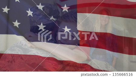 Embracing soldier hugging boy in hallway with doorway, camouflage uniform and American flag overlay Embracing soldier hugging boy in hallway with doorway, camouflage uniform and American flag overlay 135666516