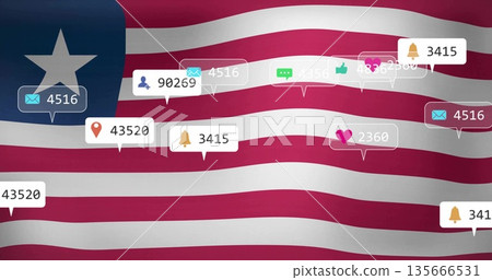 Floating notifications hovering over rippling stars-and-stripes flag, with envelopes bells pins Floating notifications hovering over rippling stars-and-stripes flag, with envelopes bells pins 135666531