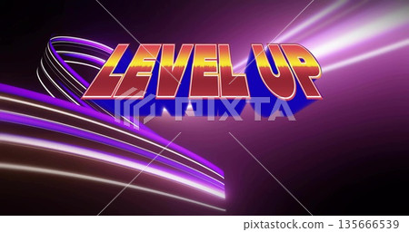 Floating 3D text LEVEL UP in digital neon environment, with curved light ribbons and angled beams Floating 3D text LEVEL UP in digital neon environment, with curved light ribbons and angled beams 135666539