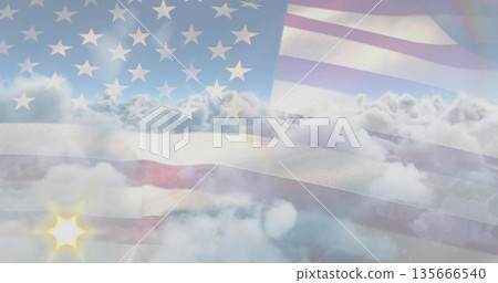 Overlaying American flag shining semi-transparently over high-altitude cloud layer, sun flare glow Overlaying American flag shining semi-transparently over high-altitude cloud layer, sun flare glow 135666540