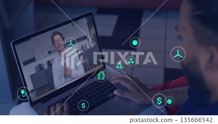 Typing man using laptop keyboard in office, floating digital icons, kitchen view, copy space Typing man using laptop keyboard in office, floating digital icons, kitchen view, copy space 135666542