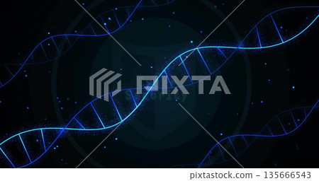 Twisting glowing DNA double helix strands across digital space, with luminescent particles Twisting glowing DNA double helix strands across digital space, with luminescent particles 135666543