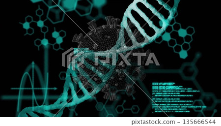 Displaying virus model intersecting teal DNA helix in lab interface with hexagon diagrams and code Displaying virus model intersecting teal DNA helix in lab interface with hexagon diagrams and code 135666544