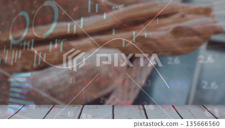 Showcasing wooden tabletop surface in kitchen with basket of baguettes and digital stock charts Showcasing wooden tabletop surface in kitchen with basket of baguettes and digital stock charts 135666560