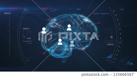 Displaying holographic 3D brain model on dark virtual interface, showing user-profile icons and HUD 135666567