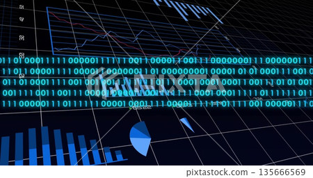 Displaying glowing binary band overlaying grid dashboard, with bar chart, pie chart and line graph 135666569
