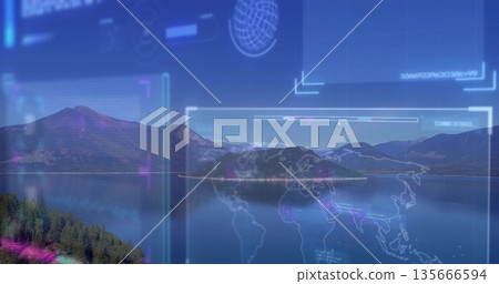 Displaying mountain lake in valley, with digital panels, grid overlays, world map and scanning data Displaying mountain lake in valley, with digital panels, grid overlays, world map and scanning data 135666594