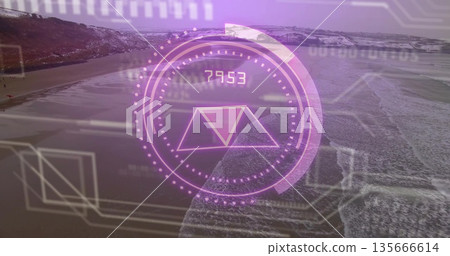 Displaying circular HUD overlay over sandy beach and rocky cliffs, with numeric gauge and overlays 135666614