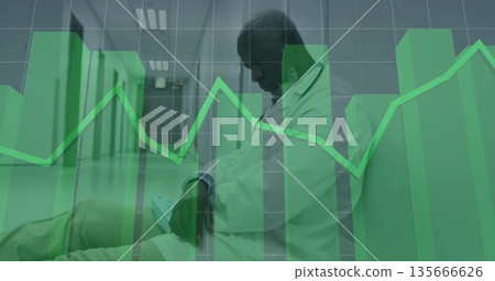 Leaning fatigued doctor in lab coat with stethoscope in hospital hallway, chart overlay, copy space Leaning fatigued doctor in lab coat with stethoscope in hospital hallway, chart overlay, copy space 135666626