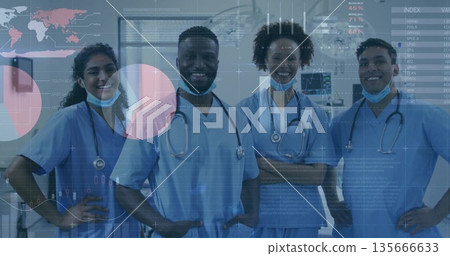 Standing medical team wearing blue scrubs and stethoscopes in operating room, with data overlays 135666633