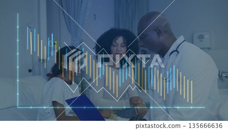 Consulting doctor reviewing blue clipboard with child and guardian in hospital room, graph overlay Consulting doctor reviewing blue clipboard with child and guardian in hospital room, graph overlay 135666636