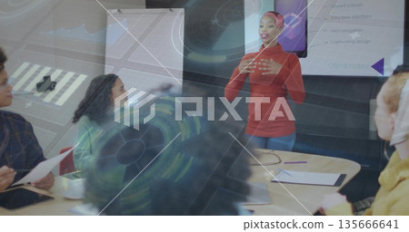 Presenter in red turtleneck, head wrap sharing app designs on screen in conference room, copy space Presenter in red turtleneck, head wrap sharing app designs on screen in conference room, copy space 135666641