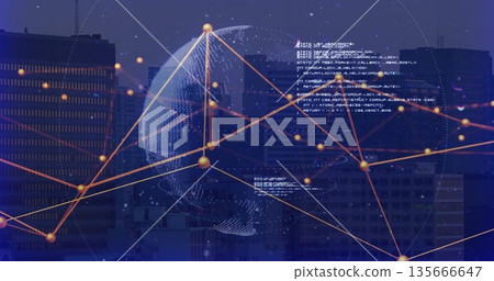 Displaying wireframe globe radiating orange network nodes and code snippets over night city towers Displaying wireframe globe radiating orange network nodes and code snippets over night city towers 135666647