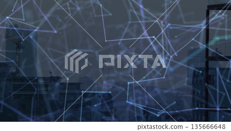 Displaying downtown skyline with crane glowing in blue network mesh, data overlay Displaying downtown skyline with crane glowing in blue network mesh, data overlay 135666648