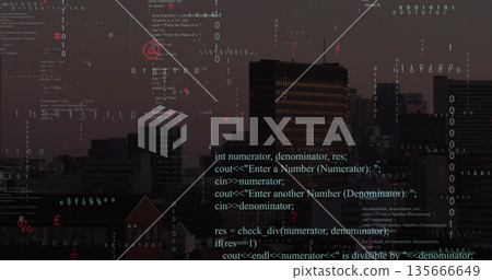 Streaming programming code overlay glowing over high-rise office towers at dusk, with binary digits Streaming programming code overlay glowing over high-rise office towers at dusk, with binary digits 135666649