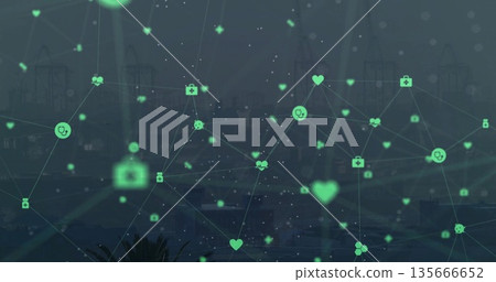 Displaying network of green medical icons overlaying harbor skyline at dusk, digital health theme Displaying network of green medical icons overlaying harbor skyline at dusk, digital health theme 135666652