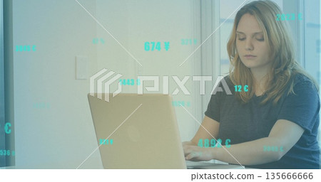Typing woman wearing tee using laptop at home office, with floating financial symbols, copy space Typing woman wearing tee using laptop at home office, with floating financial symbols, copy space 135666666