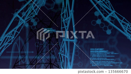 Floating blue lattice nodes in digital grid, with power tower silhouette and hexagonal mesh pattern 135666670