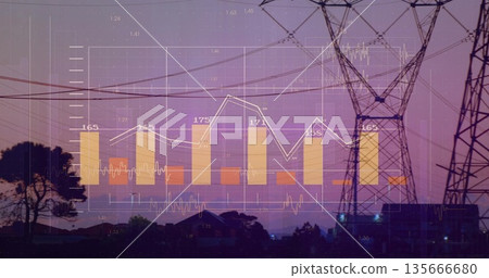 High-voltage tower standing against dusk in suburb, with bar chart, line graph overlay, copy space High-voltage tower standing against dusk in suburb, with bar chart, line graph overlay, copy space 135666680