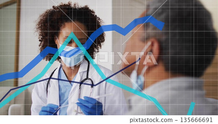 Clinician collecting nasal swab in clinic room with stethoscope gloves masks and data overlay 135666691