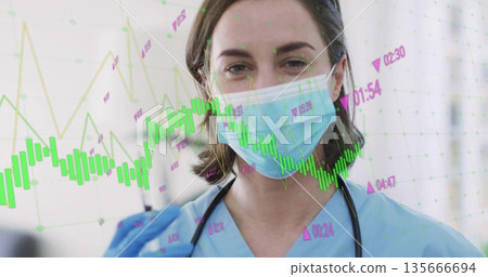 Gripping test tube, masked clinician monitoring data in clinic hallway, with graph overlay 135666694