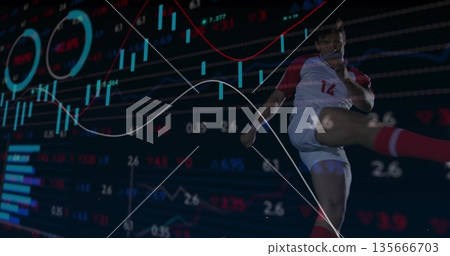 Kicking soccer player in white jersey striking finance screen, with candlestick charts, copy space 135666703