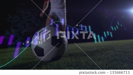 Featuring soccer ball resting on grass soccer pitch at night, with floodlight, analytics overlay 135666713
