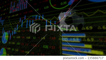 Hovering 3D soccer ball in trading interface, with green red tickers, blue yellow bars, copy space Hovering 3D soccer ball in trading interface, with green red tickers, blue yellow bars, copy space 135666717