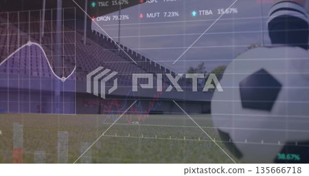 Soccer ball resting on turf inside stadium stands, with data overlays, copy space Soccer ball resting on turf inside stadium stands, with data overlays, copy space 135666718