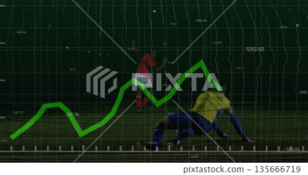 Soccer players competing on pitch, with digital grid overlay, green data line and numeric labels 135666719