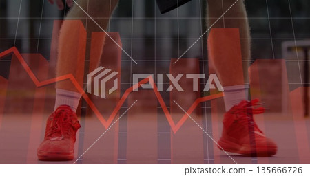 Athlete standing on court in red shoes, white socks, with bar chart, orange line graph overlay 135666726