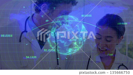 Male and female physicians analyzing holographic globe in lab, wearing stethoscopes, with data grid 135666750