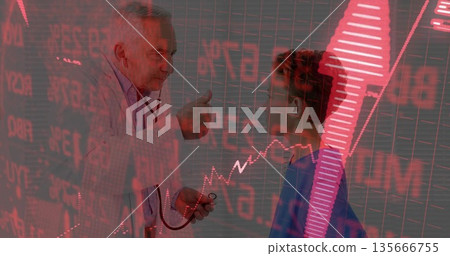 Examining doctor in white coat pressing stethoscope on boy chest in exam room, with financial chart Examining doctor in white coat pressing stethoscope on boy chest in exam room, with financial chart 135666755