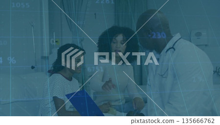 Doctor consulting with mother and child patient in hospital room, with blue clipboard and IV pole Doctor consulting with mother and child patient in hospital room, with blue clipboard and IV pole 135666762