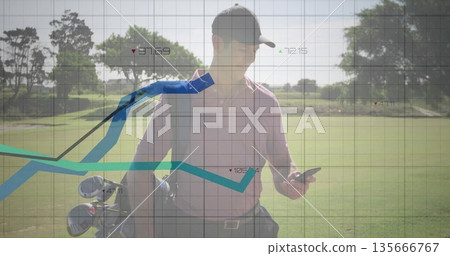 Analyzing smartphone data overlay, middle-aged golfer in pink polo carrying golf bag on fairway Analyzing smartphone data overlay, middle-aged golfer in pink polo carrying golf bag on fairway 135666767