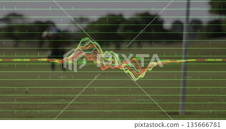 Bowling mature man on grass field wearing white shirt and cap, with waveform overlay, copy space Bowling mature man on grass field wearing white shirt and cap, with waveform overlay, copy space 135666781