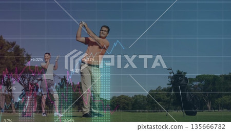 Swinging mature man orange polo shirt hitting golf ball on fairway, with club bag digital overlay Swinging mature man orange polo shirt hitting golf ball on fairway, with club bag digital overlay 135666782