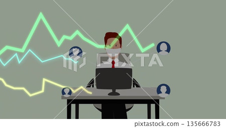 Sitting businessman wearing face mask analyzing neon graph data at office desk, with user icons Sitting businessman wearing face mask analyzing neon graph data at office desk, with user icons 135666783