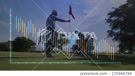 Male golfer aligning putt on putting green with partner holding red flagstick, graph overlay Male golfer aligning putt on putting green with partner holding red flagstick, graph overlay 135666784