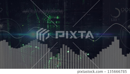 Displaying white bar chart on grid with green code patterns, featuring glowing line graph, HUD 135666785