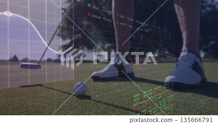 Standing golfer in golf shoes placing putter behind ball on putting green, with financial overlays Standing golfer in golf shoes placing putter behind ball on putting green, with financial overlays 135666791