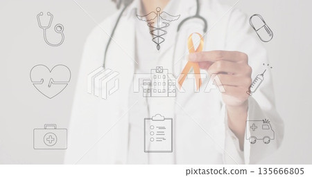 Doctor in white lab coat holding orange awareness ribbon in studio, with floating medical icons Doctor in white lab coat holding orange awareness ribbon in studio, with floating medical icons 135666805