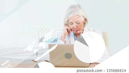Analyzing researcher in white lab coat typing on laptop at wooden office desk with digital overlays Analyzing researcher in white lab coat typing on laptop at wooden office desk with digital overlays 135666814