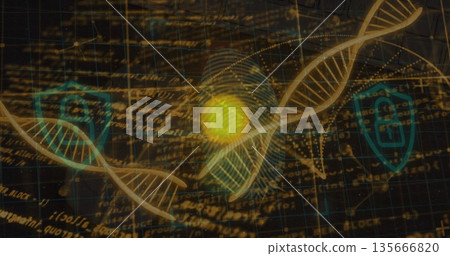 Displaying fingerprint overlay over glowing orb on grid, with DNA helix, shield icons, golden code 135666820