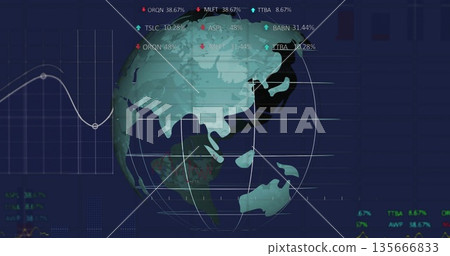 Showing 3D globe with floating tickers on blue finance dashboard featuring white and colored lines Showing 3D globe with floating tickers on blue finance dashboard featuring white and colored lines 135666833
