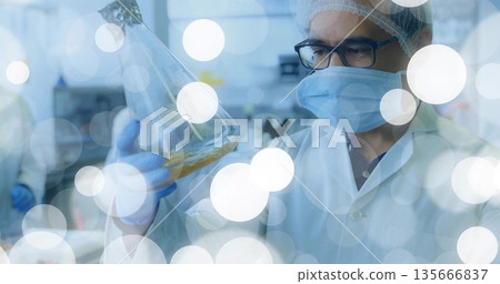 Scientist wearing lab attire inspecting yellow liquid in Erlenmeyer flask in lab, copy space 135666837